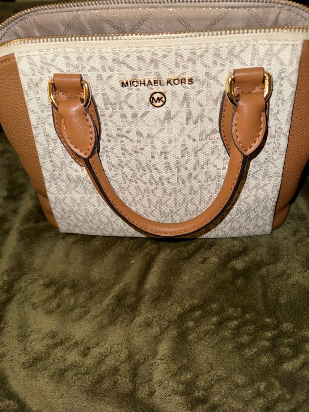 Michael Kors White/Beige Canvas and Tan Leather Satchel